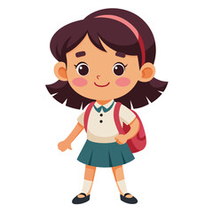 A cute cartoon little girl with a backpack smiles happily