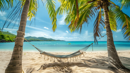 Beach with hammock between palm trees and ocean