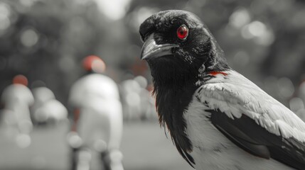 Focused Australian Magpie in black and white with red eyes with blurred cricket players in the background