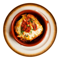 Appetizing baked eggplants and tomatoes with parmesan cheese served on platter. Isolated over white background
