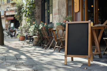Empty chalkboard sign outside a cafe on a busy street