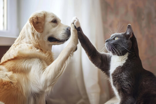 Dog and cat high fiving each other. Pets friendship