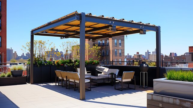 rooftop terrace with custom-designed metal pergolas that provide shade and a modern aesthetic, enhancing outdoor living spaces in urban environments