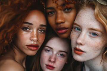 Obraz premium Young multiracial women standing together and smiling. Diverse beauty, natural features, unity and individuality