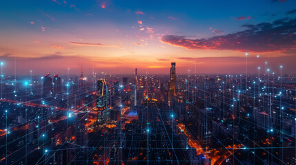 Obraz premium Smart city networks connect with digital technologies, creating a virtual world. Telecommunication and data connections let people and devices communicate.