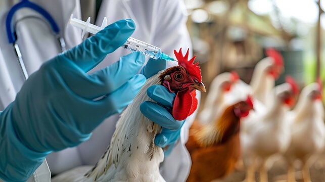 Veterinarian giving a vaccine shot to a chicken in a poultry farm. Focus on healthcare and wellness of farm animals. Image shows hands with gloves and medical syringe. AI
