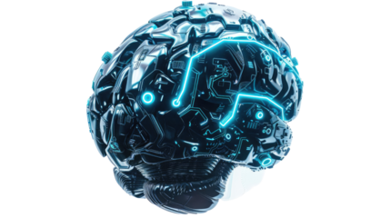 Digital AI electronic brain on transparent background