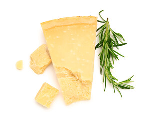 Pieces of tasty Parmesan cheese with rosemary on white background