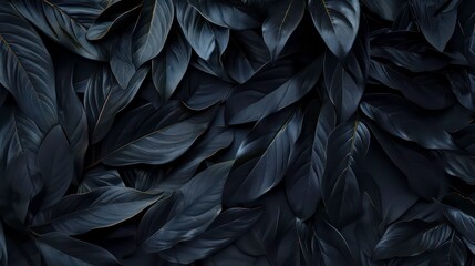 Obraz premium Textures of abstract black leaves for tropical leaf background. Flat lay, dark nature concept. Generative AI
