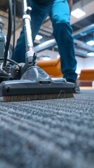 Fototapeta premium Professional janitor vacuuming office carpet floor. Concept of cleaning service, workplace hygiene, maintenance. Vertical