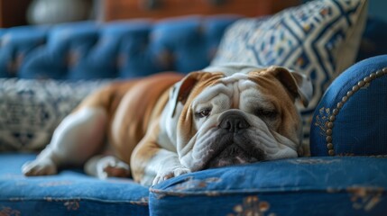 English bulldog resting on a blue couch in a cozy living room, home comfort and relaxation concept