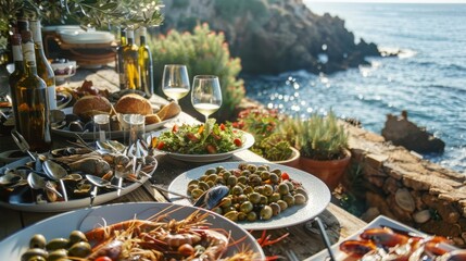 Table with appetizers and wine on the background of the sea.