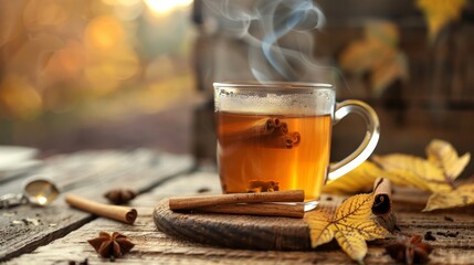 Cup of tea with cinnamon and anise on a wooden table