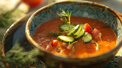 Tomato gazpacho soup with cucumber and dill