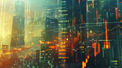 Obraz premium Financial troubles are affecting the economy, shown by falling charts and digital numbers against a backdrop of a modern city.