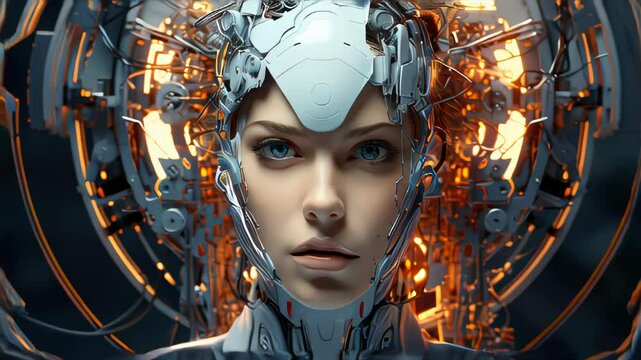 Robot and human face. Concept of artificial intelligence and cybersecurity
