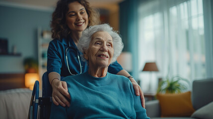 Obraz premium Young caregiver assisting senior woman in wheelchair - Home health care service