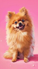 Obraz premium Happy Pomeranian dog on a pink background, studio shot. Adorable and joyful pet concept