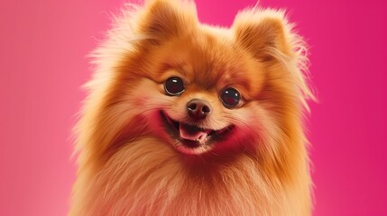 Obraz premium cute pomeranian dog smiling, close-up studio shot, vibrant pink background, joyful expression. pet photography and happiness concept