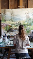 Artist painting a landscape in studio