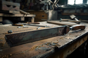 Close-Up of Well-Worn Handsaw on Wooden Workbench with Tools in Background