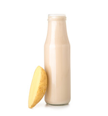 Bottle of tasty potato milk on white background