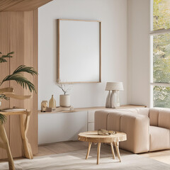 Frame mockup with miror reflect, Big paper size. Living room wall poster mockup. Interior mockup with house background. Modern interior design. 3D render