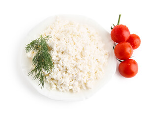 Plate of tasty cottage cheese and tomatoes on white background