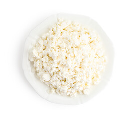 Plate of tasty cottage cheese on white background