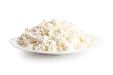 Plate of tasty cottage cheese on white background