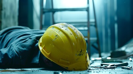 Dramatic safety concept photo showing a fallen worker with a yellow helmet on the floor near a ladder in a construction site. The image emphasizes the importance of workplace safety. AI