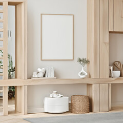 Fototapeta premium Frame mockup with miror reflect, Big paper size. Living room wall poster mockup. Interior mockup with house background. Modern interior design. 3D render