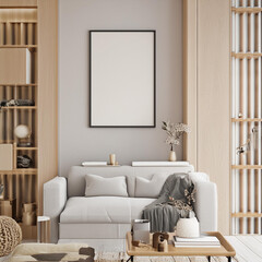 Frame mockup with miror reflect, Big paper size. Living room wall poster mockup. Interior mockup with house background. Modern interior design. 3D render
