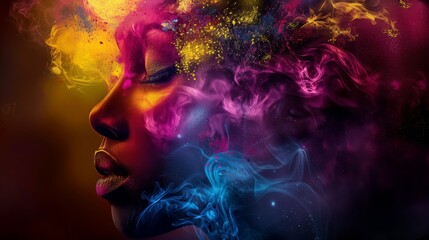 A woman's profile with colorful, swirling smoke surrounding her