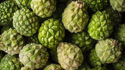 Fototapeta premium Green fruit background. Horizontal wallpaper full of custard apples. Organic vitamin harvest season