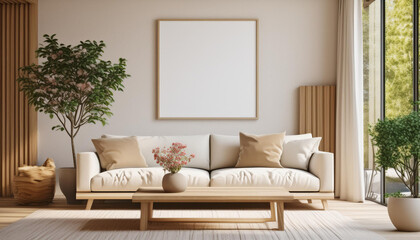 Fototapeta premium Frame mockup with miror reflect, Big paper size. Living room wall poster mockup. Interior mockup with house background. Modern interior design. 3D render