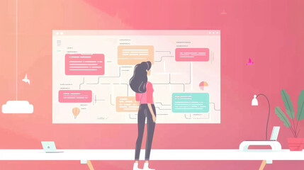Obraz premium A woman stands in a minimalist office, analyzing a workflow diagram on a whiteboard. The diagram showcases interconnected boxes with text and icons