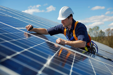 An engineer installs and adjusts the operation of solar panels