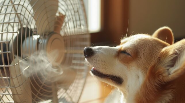 Climate change problem corgi dog lay down on the floor with heat stroke beside cool fan.