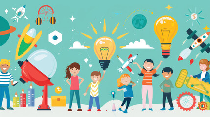 An illustration of children celebrating creativity and innovation with colorful rockets, spaceships, and light bulbs