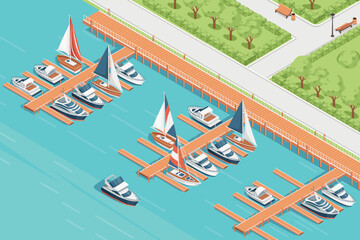 Three-dimensional isometric view showcasing marina pier sailboat and yacht harbor vector illustration
