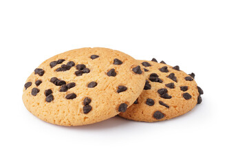 Tasty cookies with chocolate chips on white background