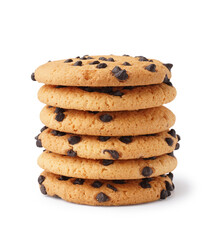 Stack of tasty cookies with chocolate chips on white background
