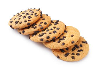Tasty cookies with chocolate chips on white background