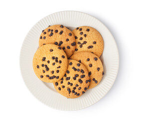 Plate of tasty cookies with chocolate chips on white background