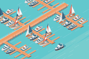 Three-dimensional isometric view showcasing marina pier sailboat and yacht harbor vector illustration