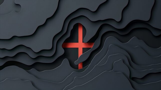 digital artwork of a red cross cutout, framed by a dark gray wavy paper background reminiscent of world flags.
