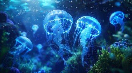 Glowing jellyfish underwater in ocean, aquatic wildlife concept