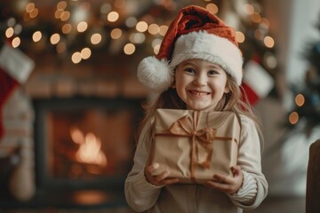 A festive setting depicts a happy child at home, holding a Christmas gift amidst cozy decorations, celebrating the holiday spirit with joy and warmth. The scene exudes joy and festive cheer