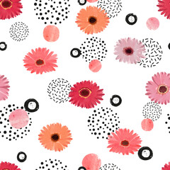 Seamless abstract floral pattern with gerbera flowers. Vector watercolor colorful daisy background